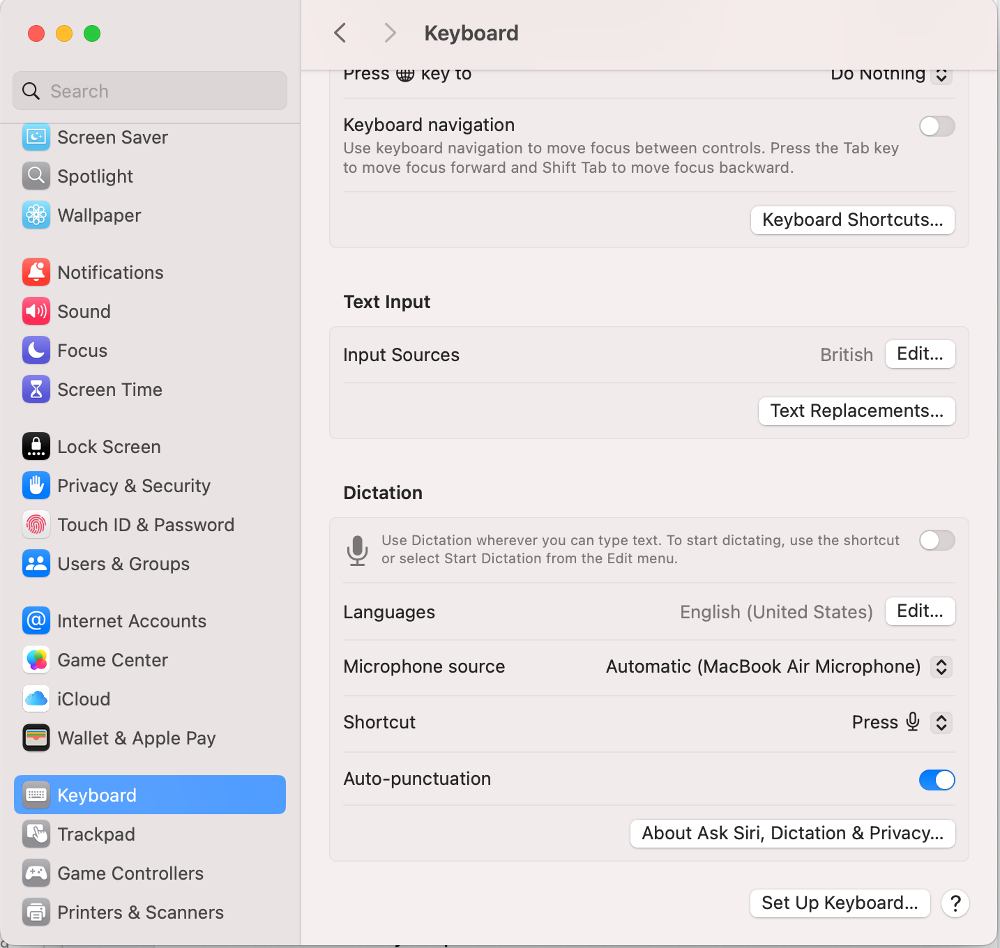 Screenshot of the Mac settings keyboard section to enable dictation