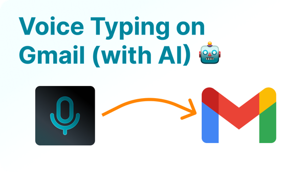 Voice Typing on Gmail blog post. The logo of a voice dictation extension with an arrow point at the Google Mail logo. 